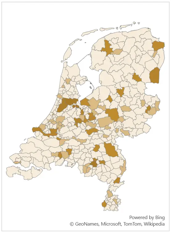 Deze afbeelding is een kaart van Nederland, waarin de bedrijven die SDG 12 noemen zijn uitgedrukt per gemeente.