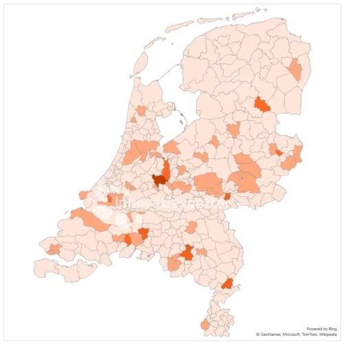 Deze kaart van Nederland toont de gemeentelijke verdeling van bedrijven die SDG 9 (Industrie, Innovatie en Infrastructuur) noemen. e gemeenten Utrecht en Son en Breugel zijn de koplopers.