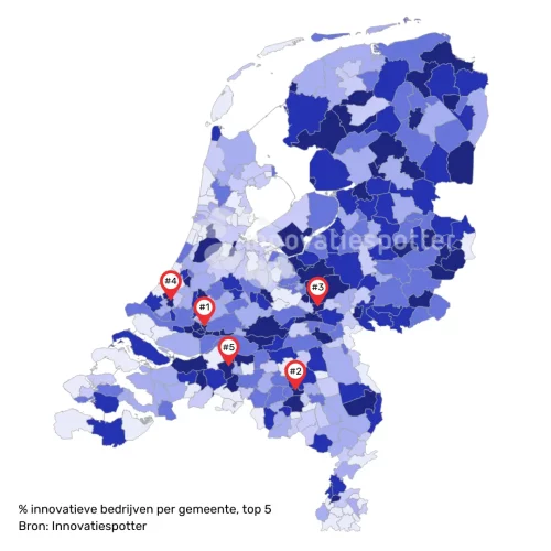 Percentage innovatieve bedrijven per gemeente op een kaart van Nederland