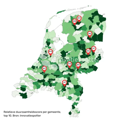 De 10 gemeenten met de hoogste duurzaamheidsscore, op een kaart van Nederland